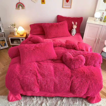 White Wave Fox Colorful Plush Mink Fur Four-Piece Coral Velvet Winter Flannel Duvet Cover Double-Sided Velvet Bed Sheet Fitted Sheet Good Vibrations