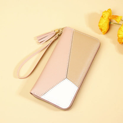 Korean Version 2025 New Women's Wallet with Color-Blocking, Long Wallet with Zipper and Tassel, Large Capacity Wholesale Storage Good Vibrations