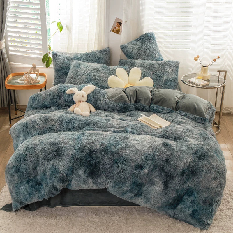 White Wave Fox Colorful Plush Mink Fur Four-Piece Coral Velvet Winter Flannel Duvet Cover Double-Sided Velvet Bed Sheet Fitted Sheet Good Vibrations