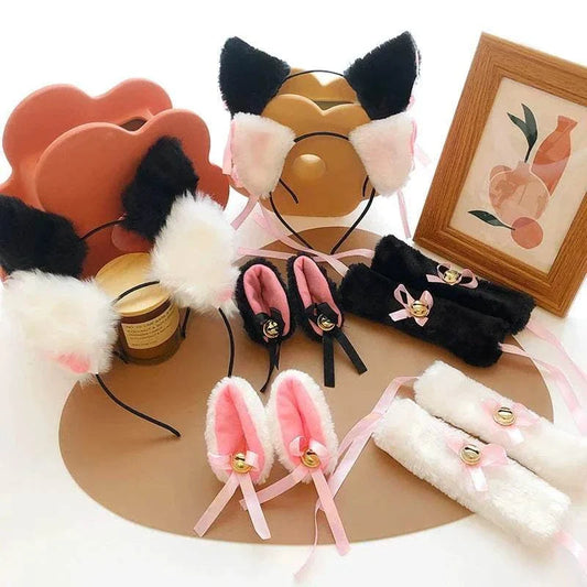 Cute princess cosplay hairpin set with fluffy cat ears and pink ribbon accessories