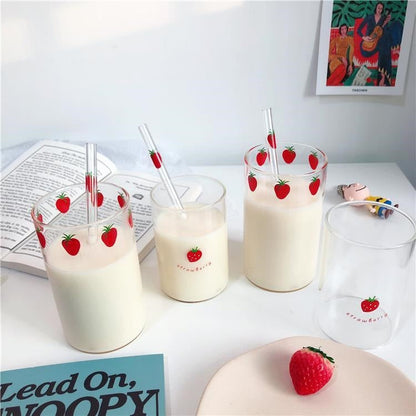 300ml Strawberry Cute Glass Cup With Straw Creative Transparent Water Cup Student Milk Heat Resistant Glass Nana Good Vibrations
