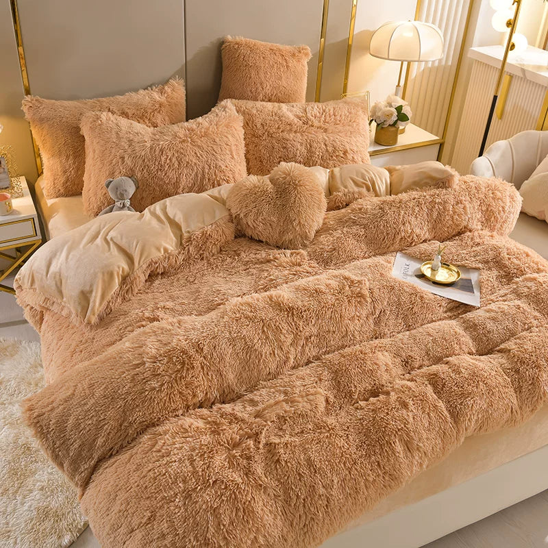 White Wave Fox Colorful Plush Mink Fur Four-Piece Coral Velvet Winter Flannel Duvet Cover Double-Sided Velvet Bed Sheet Fitted Sheet Good Vibrations