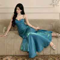 French style Senior Touching Yuji Blue Fishtail Guest dresses Women Summer Temperament Royal Sister Waist Hugging Slimming Sling Dress Good Vibrations