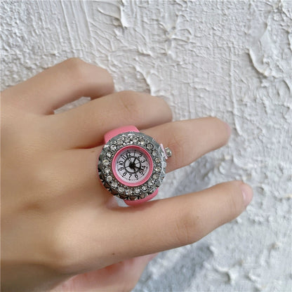 Heart Full Diamond Watch Ring Retro Middle-Ancient Cute Earth Cool Men and Women Millennium Sexy Pink Peach Heart Disco Harajuku Good Vibrations
