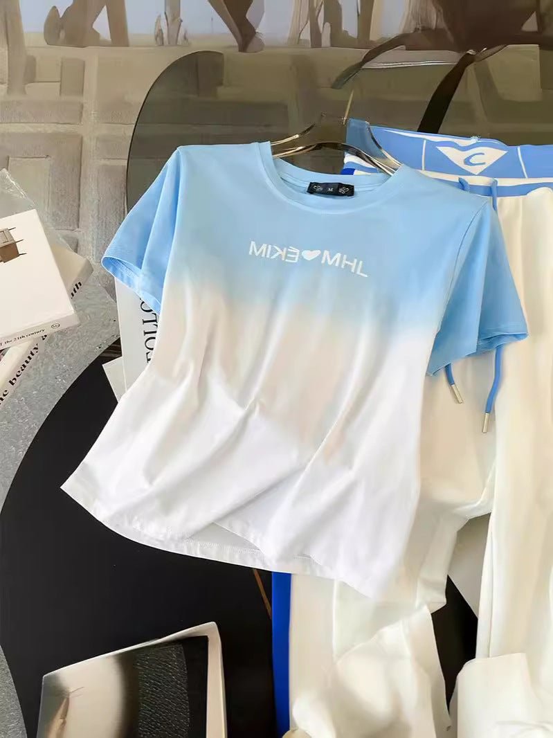 Sports Leisure suit Women's Street Slim-fit Short T-shirt Women's Fashion Color-contrast High-end Atmospheric Elegant Wide-leg Pants Good Vibrations