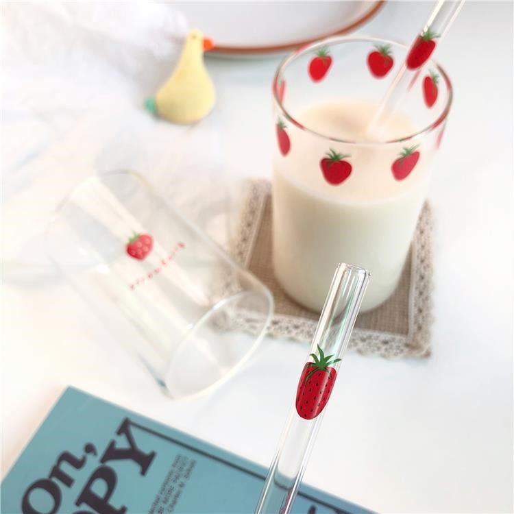 300ml Strawberry Cute Glass Cup With Straw Creative Transparent Water Cup Student Milk Heat Resistant Glass Nana Good Vibrations