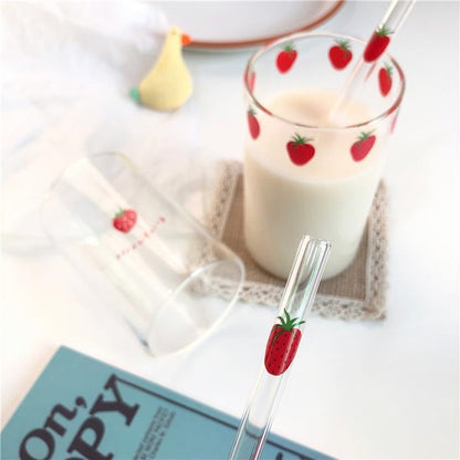 300ml Strawberry Cute Glass Cup With Straw Creative Transparent Water Cup Student Milk Heat Resistant Glass Nana Good Vibrations
