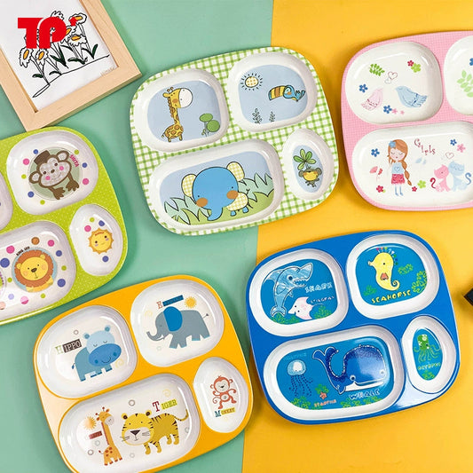 TP Food Grade Children's Dinner Plate Baby Cartoon Cute Eating Bowl Household Complementary Food Compartment Tray Children's Tableware Set Good Vibrations