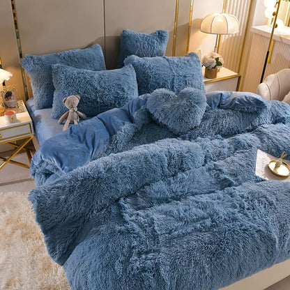 White Wave Fox Colorful Plush Mink Fur Four-Piece Coral Velvet Winter Flannel Duvet Cover Double-Sided Velvet Bed Sheet Fitted Sheet Good Vibrations