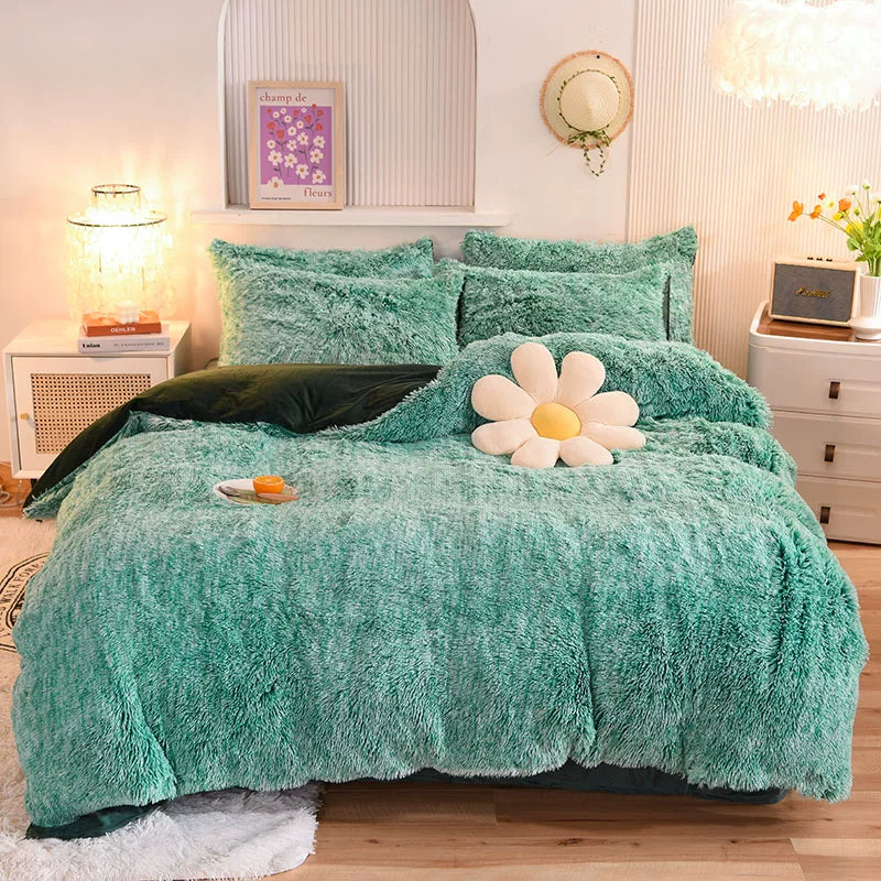 White Wave Fox Colorful Plush Mink Fur Four-Piece Coral Velvet Winter Flannel Duvet Cover Double-Sided Velvet Bed Sheet Fitted Sheet Good Vibrations