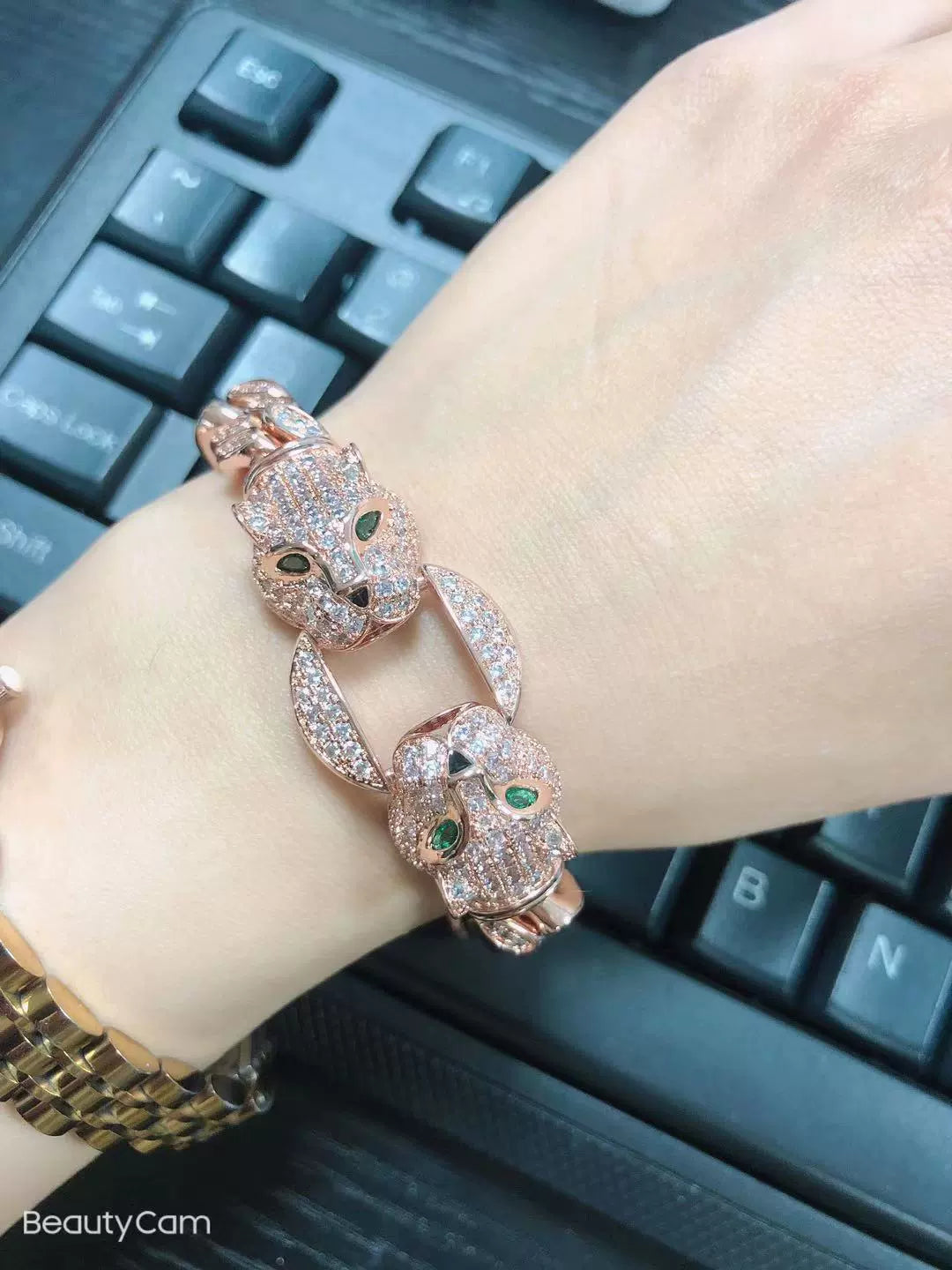 Double Leopard Head Bracelet Men White Gold Color Ponytail Woven Rhinestone-Encrusted Jewelry Stylish Fashion European and American Style Domineering Good Vibrations