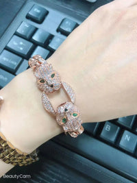 Double Leopard Head Bracelet Men White Gold Color Ponytail Woven Rhinestone-Encrusted Jewelry Stylish Fashion European and American Style Domineering Good Vibrations