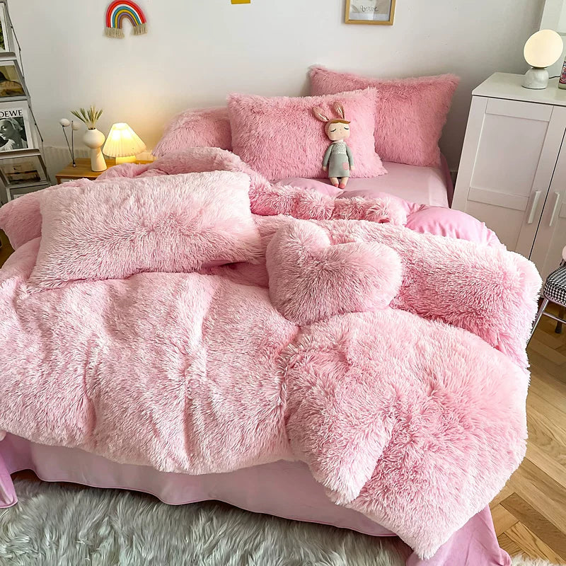 White Wave Fox Colorful Plush Mink Fur Four-Piece Coral Velvet Winter Flannel Duvet Cover Double-Sided Velvet Bed Sheet Fitted Sheet Good Vibrations