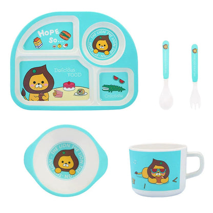 Bamboo Fiber Kids Tableware Kids Set Cartoon Grid Plate Baby Rice Bowl Drop-Resistant Spork Chopsticks Complementary Food Good Vibrations