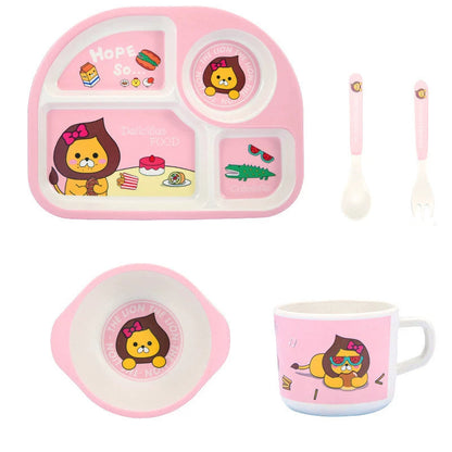 Bamboo Fiber Kids Tableware Kids Set Cartoon Grid Plate Baby Rice Bowl Drop-Resistant Spork Chopsticks Complementary Food Good Vibrations