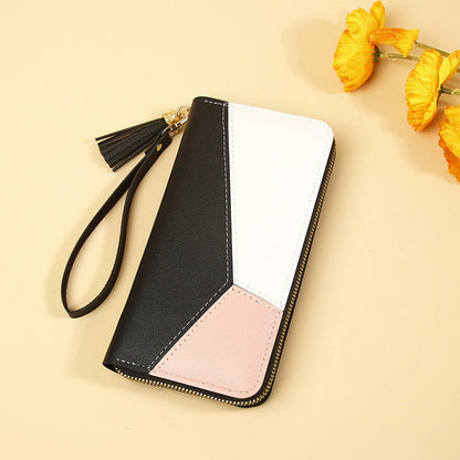 Korean Version 2025 New Women's Wallet with Color-Blocking, Long Wallet with Zipper and Tassel, Large Capacity Wholesale Storage Good Vibrations
