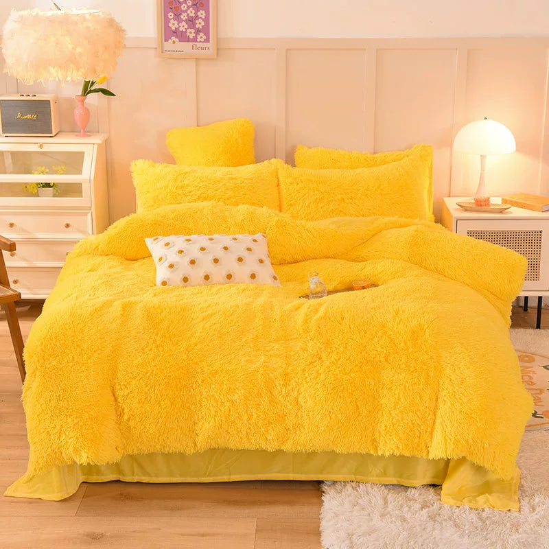 White Wave Fox Colorful Plush Mink Fur Four-Piece Coral Velvet Winter Flannel Duvet Cover Double-Sided Velvet Bed Sheet Fitted Sheet Good Vibrations