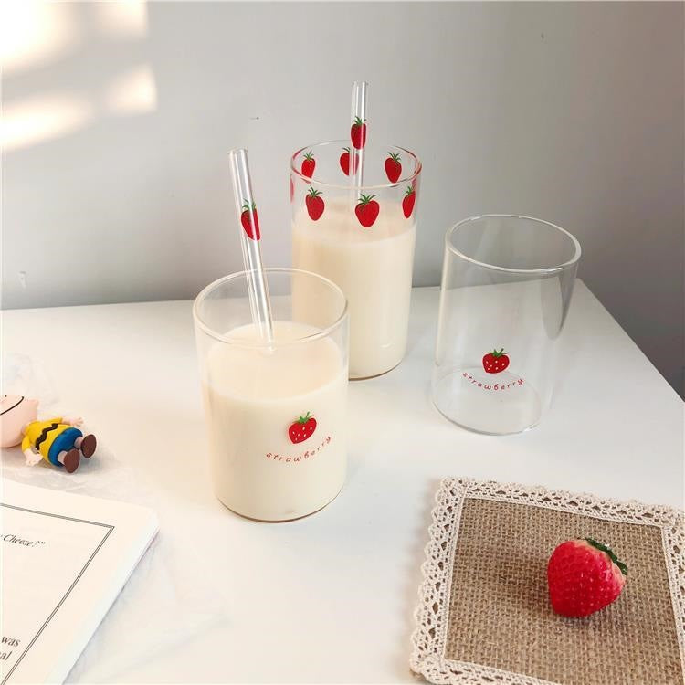 300ml Strawberry Cute Glass Cup With Straw Creative Transparent Water Cup Student Milk Heat Resistant Glass Nana Good Vibrations
