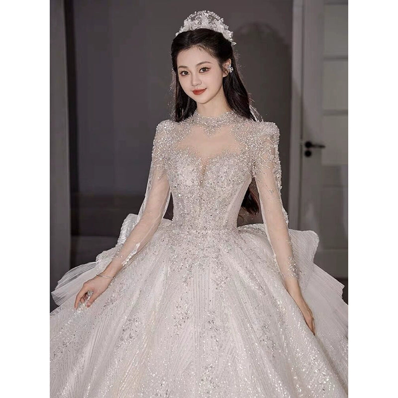 Primary Wedding Dress 2024 Bride New Arrival French Advanced Texture Pregnant Women Heavy Industry Vintage Court Style Trailing Long Sleeves Good Vibrations