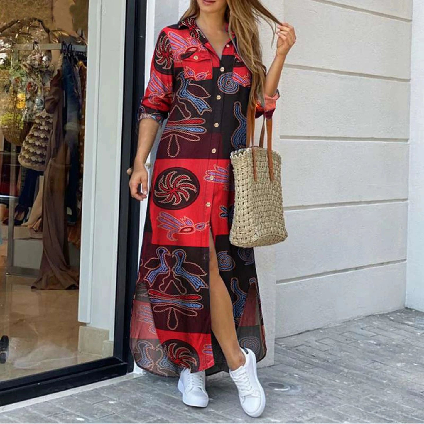 Printed Single Brewed Split Shirt Dress Floral Print Slit Shirt Dress Good Vibrations