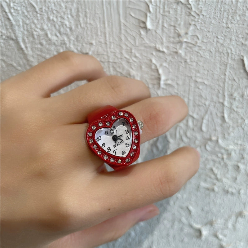 Heart Full Diamond Watch Ring Retro Middle-Ancient Cute Earth Cool Men and Women Millennium Sexy Pink Peach Heart Disco Harajuku Good Vibrations