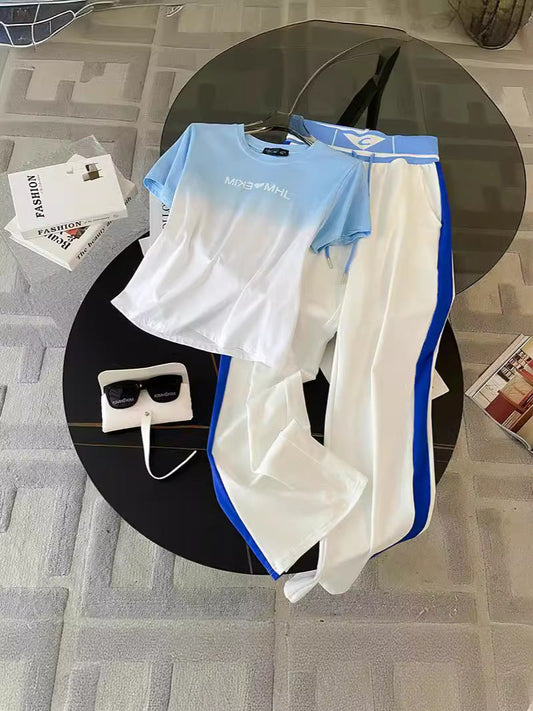 Sports Leisure suit Women's Street Slim-fit Short T-shirt Women's Fashion Color-contrast High-end Atmospheric Elegant Wide-leg Pants Good Vibrations