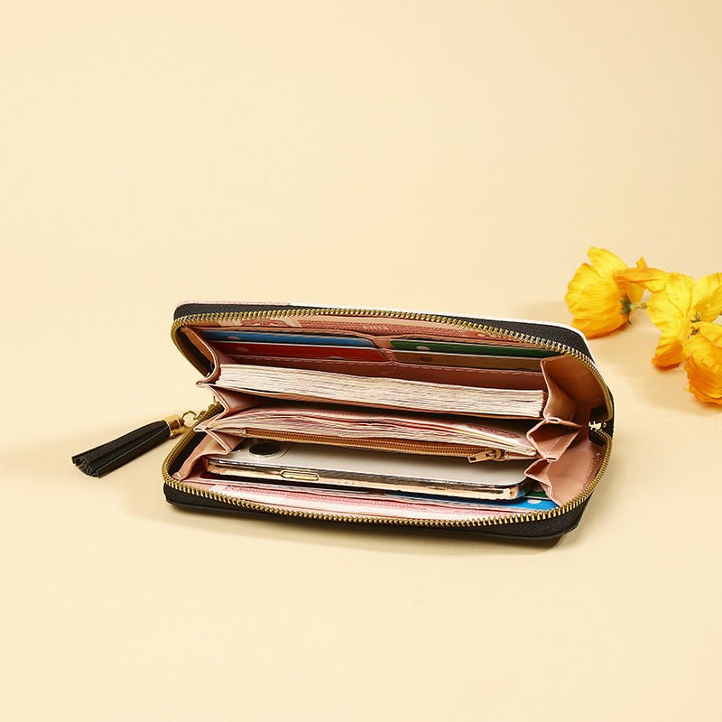 Korean Version 2025 New Women's Wallet with Color-Blocking, Long Wallet with Zipper and Tassel, Large Capacity Wholesale Storage Good Vibrations