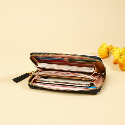 Korean Version 2025 New Women's Wallet with Color-Blocking, Long Wallet with Zipper and Tassel, Large Capacity Wholesale Storage Good Vibrations