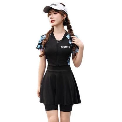 plus size swimsuit women's one-piece skirt short sleeve professional sports swimsuit mother 200kg conservative belly slim hot spring Good Vibrations