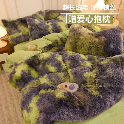 White Wave Fox Colorful Plush Mink Fur Four-Piece Coral Velvet Winter Flannel Duvet Cover Double-Sided Velvet Bed Sheet Fitted Sheet Good Vibrations