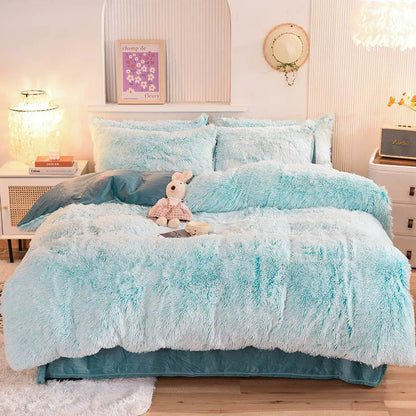 White Wave Fox Colorful Plush Mink Fur Four-Piece Coral Velvet Winter Flannel Duvet Cover Double-Sided Velvet Bed Sheet Fitted Sheet Good Vibrations