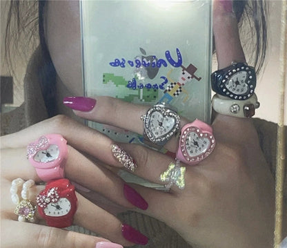 Heart Full Diamond Watch Ring Retro Middle-Ancient Cute Earth Cool Men and Women Millennium Sexy Pink Peach Heart Disco Harajuku Good Vibrations