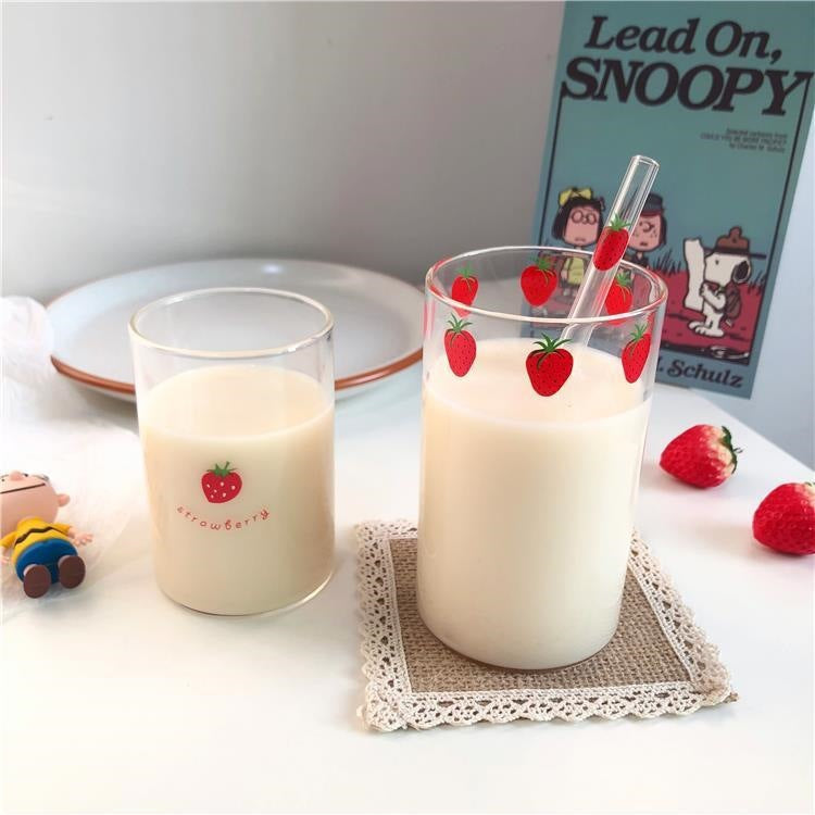 300ml Strawberry Cute Glass Cup With Straw Creative Transparent Water Cup Student Milk Heat Resistant Glass Nana Good Vibrations