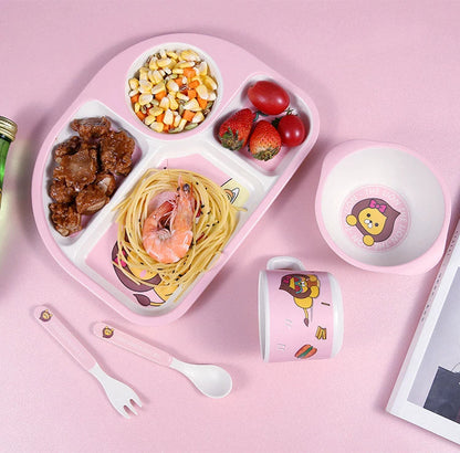 Bamboo Fiber Kids Tableware Kids Set Cartoon Grid Plate Baby Rice Bowl Drop-Resistant Spork Chopsticks Complementary Food Good Vibrations