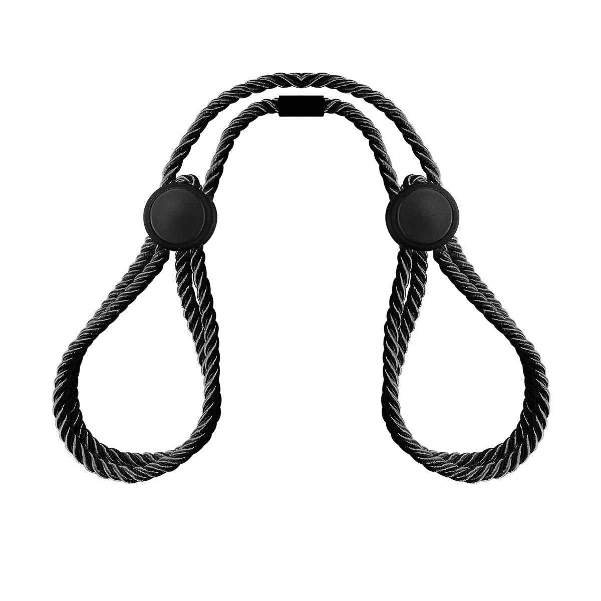 BDSM adjustable handcuffs and ankle cuffs for adults in black rope design.
