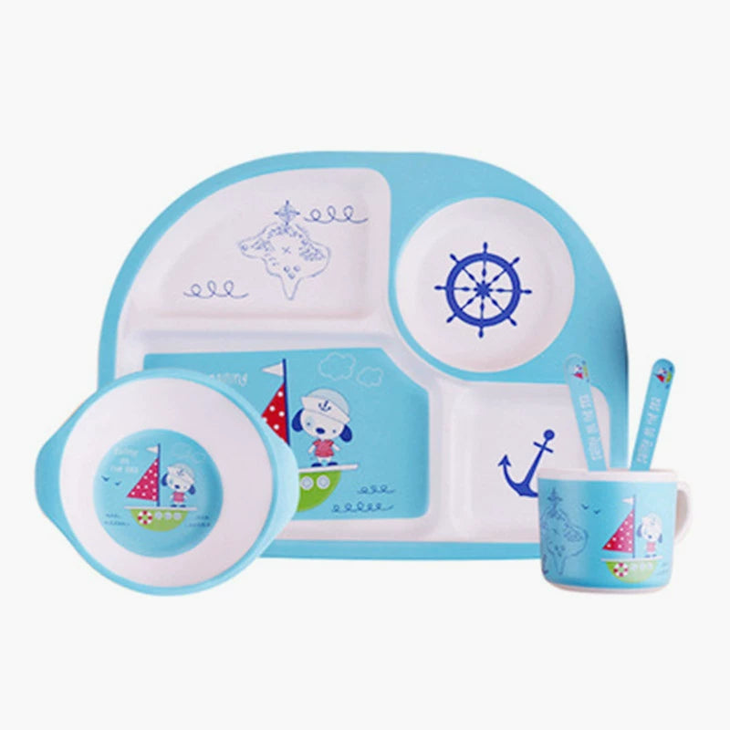 Bamboo Fiber Kids Tableware Kids Set Cartoon Grid Plate Baby Rice Bowl Drop-Resistant Spork Chopsticks Complementary Food Good Vibrations