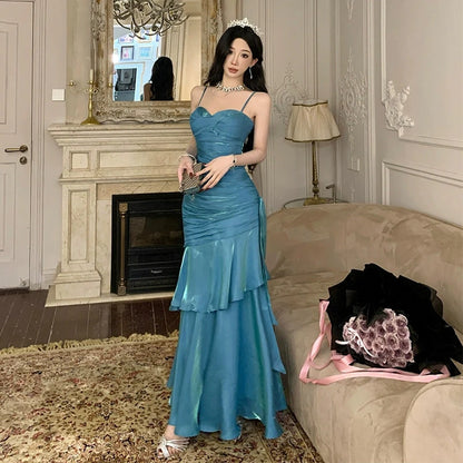 French style Senior Touching Yuji Blue Fishtail Guest dresses Women Summer Temperament Royal Sister Waist Hugging Slimming Sling Dress Good Vibrations