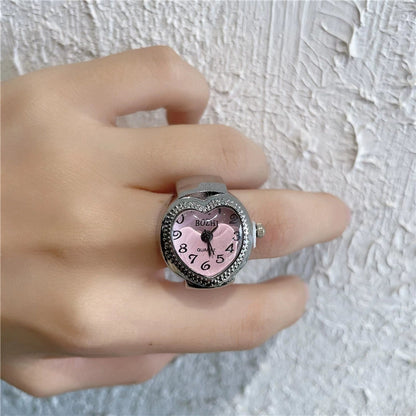 Heart Full Diamond Watch Ring Retro Middle-Ancient Cute Earth Cool Men and Women Millennium Sexy Pink Peach Heart Disco Harajuku Good Vibrations