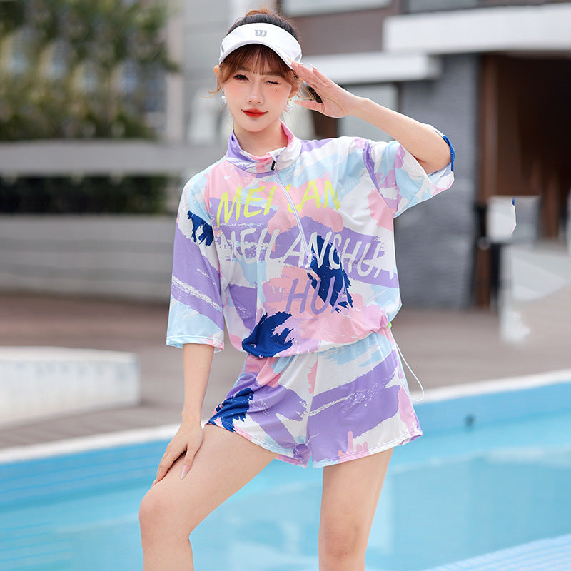 Sports Swimsuit Women's Split Bikini Three-piece Set Small Chest Gathering Belly Covering Slimming Conservative Flat-angle Hot Spring Swimsuit Good Vibrations
