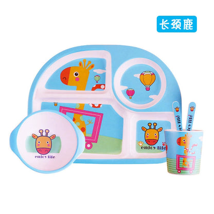Bamboo Fiber Kids Tableware Kids Set Cartoon Grid Plate Baby Rice Bowl Drop-Resistant Spork Chopsticks Complementary Food Good Vibrations