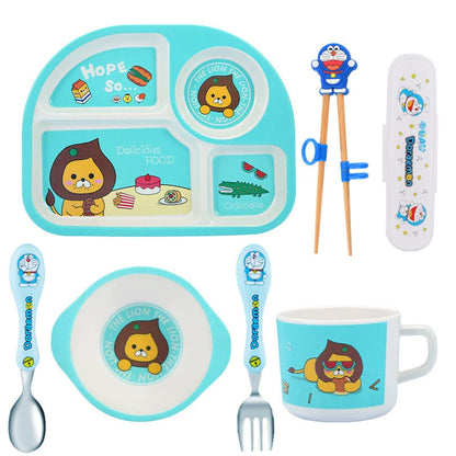 Bamboo Fiber Kids Tableware Kids Set Cartoon Grid Plate Baby Rice Bowl Drop-Resistant Spork Chopsticks Complementary Food Good Vibrations