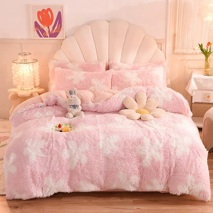 White Wave Fox Colorful Plush Mink Fur Four-Piece Coral Velvet Winter Flannel Duvet Cover Double-Sided Velvet Bed Sheet Fitted Sheet Good Vibrations