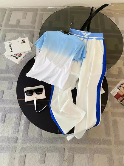 Sports Leisure suit Women's Street Slim-fit Short T-shirt Women's Fashion Color-contrast High-end Atmospheric Elegant Wide-leg Pants Good Vibrations
