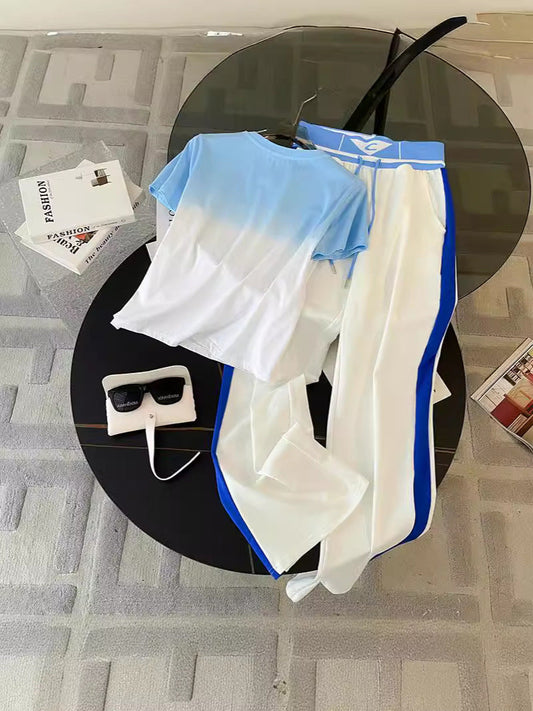 Sports Leisure suit Women's Street Slim-fit Short T-shirt Women's Fashion Color-contrast High-end Atmospheric Elegant Wide-leg Pants Good Vibrations