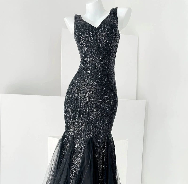 Fairy Lady Super Fairy Mori Style Evening Gown Women's New Arrival Banquet Temperament Elegance Annual Meeting Long Style Fishtail Sequins Sexy Gown Good Vibrations