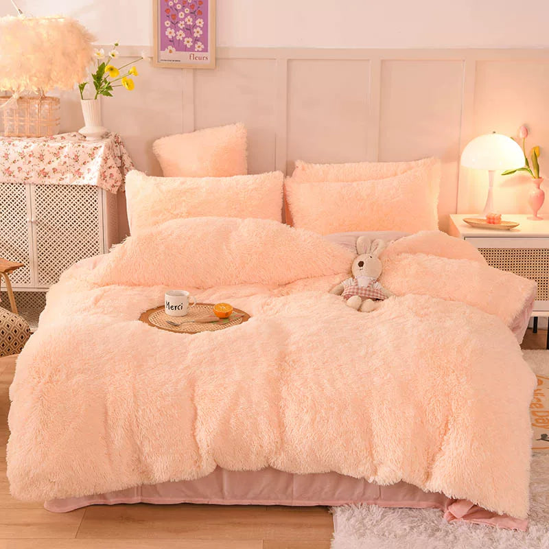 White Wave Fox Colorful Plush Mink Fur Four-Piece Coral Velvet Winter Flannel Duvet Cover Double-Sided Velvet Bed Sheet Fitted Sheet Good Vibrations