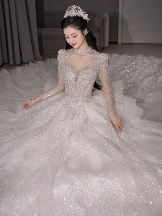 Long Sleeves Main Wedding Dress 2024 Bride New Arrival French Princess on the Run Pregnant Women Small Winter Long Tail Wedding Veil Good Vibrations
