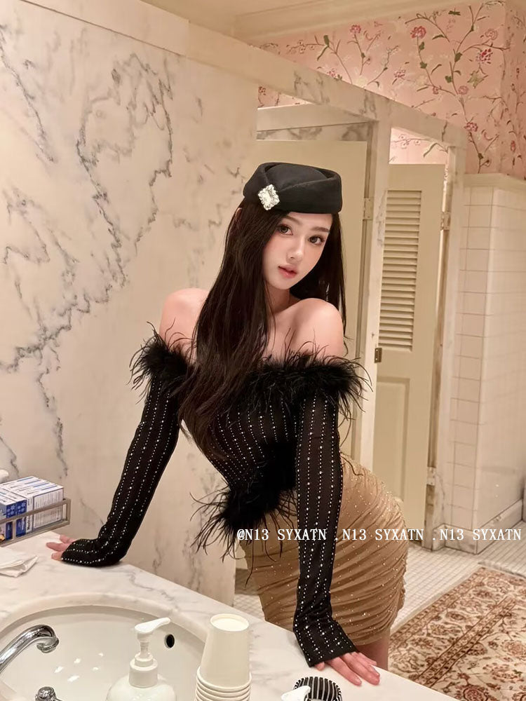 N13 SyxatnPure Desire off-Shoulder Fur Hot Drilling Tops