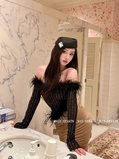 N13 SyxatnPure Desire off-Shoulder Fur Hot Drilling Tops