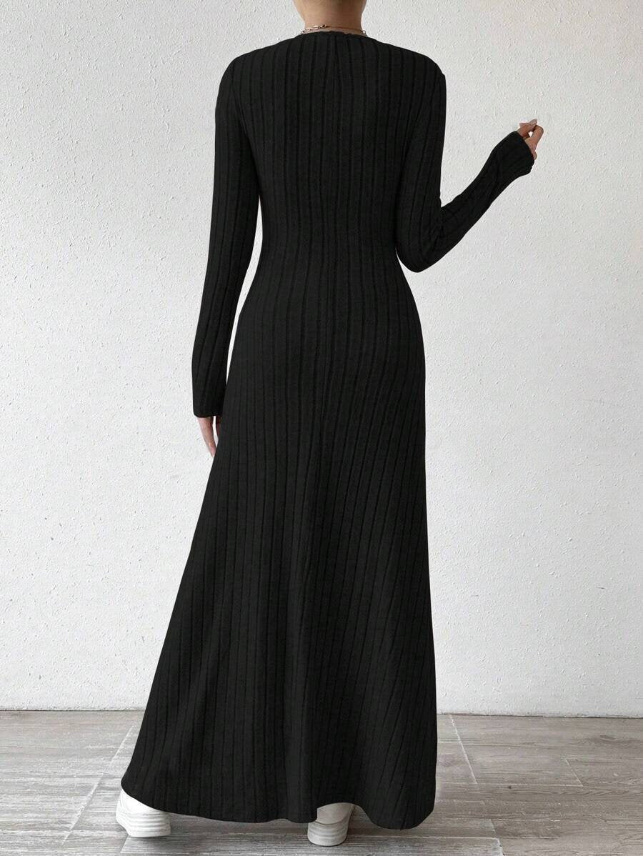 European and American Cross-Border Amazon Dress Slim Fashion Women's Knitted Pure Color Long-Sleeved A-Line Street Long Skirt for Women Good Vibrations